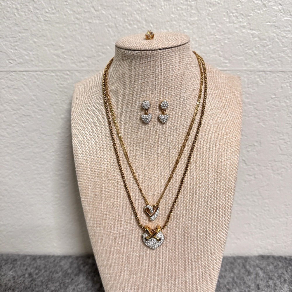 VTG Swarovski Gold‎ Tone Crystal Heart Necklace Set Earring Pendant Lot of 4